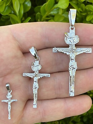 #ad Real Solid 925 Sterling Silver Mens Cross Jesus Piece Crucifix Pendant Necklace $65.05