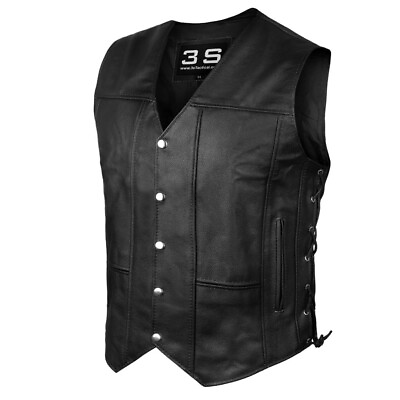 #ad Mens Genuine Leather 10 Pockets Motorcycle Biker Vest Laces Black Brown All Size $39.99