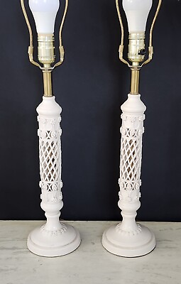 #ad Pair Vintage Heavy Resin Lattice Table Lamps Cream Brass Flower Design 60s Boho $45.00