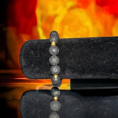 #ad Lava Stone Bracelet Adult 9” Black Gold Metal Natural Bead Stretch Unisex* $16.88