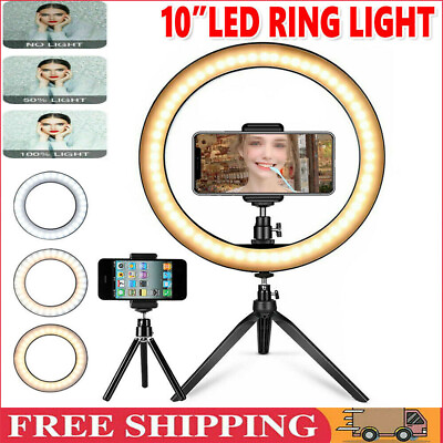 #ad 10quot; LED Ring Light with Tripod Stand amp; Phone Holder Dimmable Desk makeup Kit $11.99