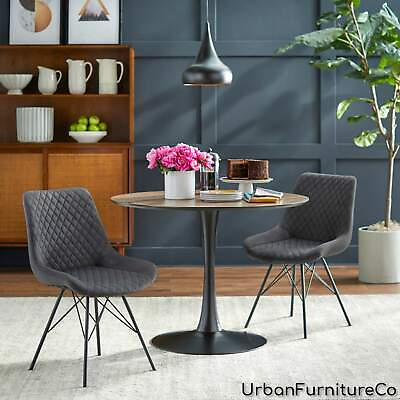 #ad Mid Century Modern 3 piece Dining Set Round Table Upholstered Tufted Chair Grey $552.00