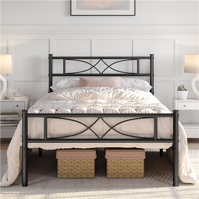 #ad Twin Full Queen King Metal Bed Frame w High Headboard Footboard Black White Gold $79.99