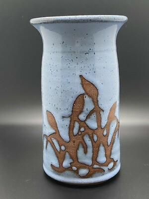 #ad Pottery Stoneware Slate Blue Speckled Painted Decorative Vase Artist Signed MAC $24.99