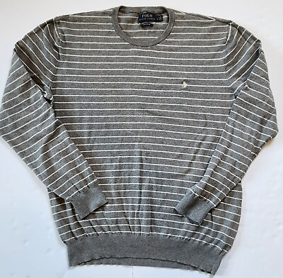 #ad Polo Ralph Lauren Men#x27;s Lightweigh L Sweater Pima Cotton Pullover Striped Gray $24.00
