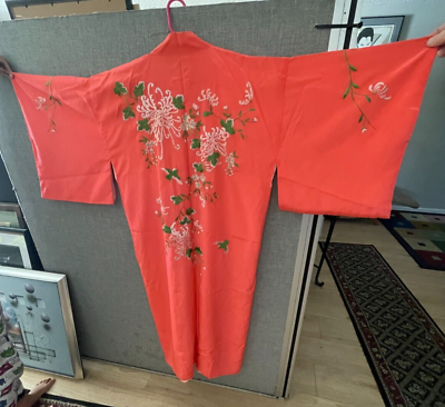 #ad Vtg EXCELLENT QUALITY Embroidered Silk Ladies Japanese ORANGE KIMONO ROBE Birds $149.99