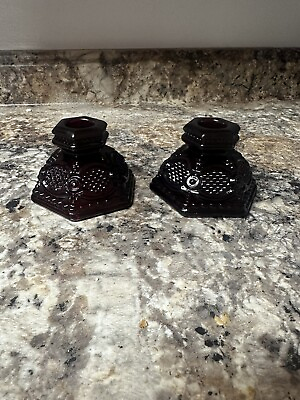 #ad Set of Two 2 Vintage Avon 1876 Cape Cod Ruby Red Candlestick Holders $9.95