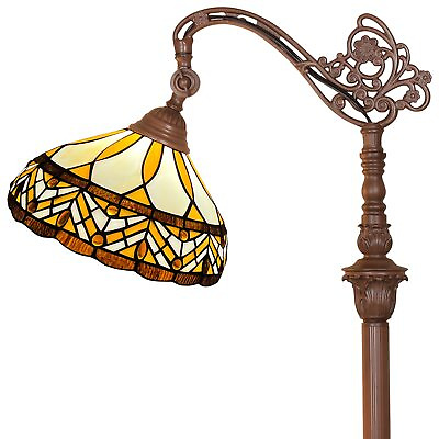 #ad Tiffany Floor Lamp Antique Amber Melody Style Stained Glass Soft Light Arched... $239.21