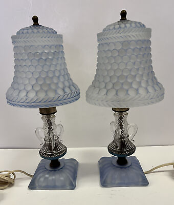 #ad Vintage Set 2 Depression Glass Era Blue Clear 14” Ornate Accent Boudoir Lamps $125.00