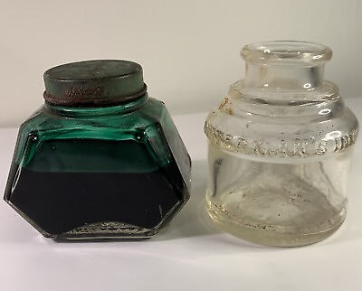 #ad Vintage Waterman#x27;s Glass Ink Bottle lot empty clear amp; 1 2 full green Desk Deco $25.50