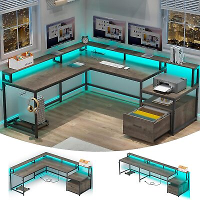 #ad L Shaped 66quot; Home Office Furniture Desk with Drawers Gaming Desk with LED Lights $158.99