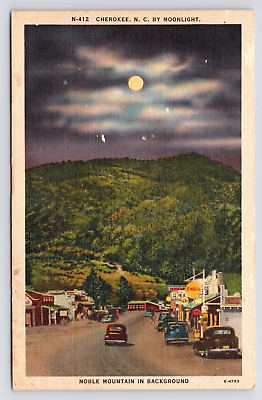 #ad c1940s Moonlight Noble Mountain Downtown Gas Cherokee North Carolina NC Postcard $7.75