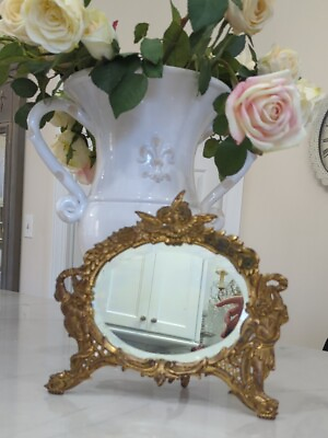 #ad Vtg Table Mirror Brass Frame Easel Back Mirror Cherubs Victorian French $99.99