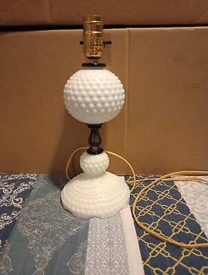 #ad Vintage White Milk Glass hobnail table desk lamp 13quot; corded electric working. $23.00