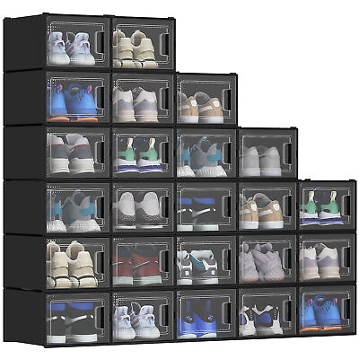 #ad TAUS XL 24pcs Shoe Box Stackable Shoe Storage Organizer Sneaker Container Black $89.77