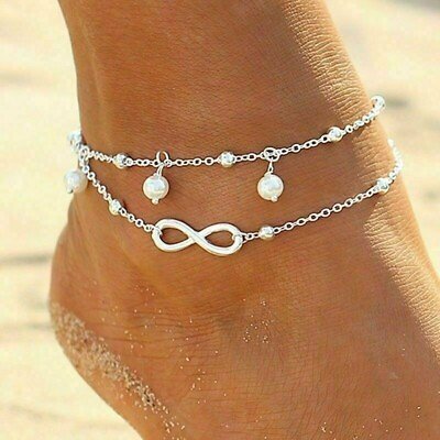 #ad Women Double Ankle Bracelet 925 Silver Anklet Foot Jewelry Girl Beach Chain US $3.95