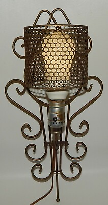 #ad Vtg Mid Century Metal Scroll Wall Light with Perforated Industrial Cage Shade $24.99