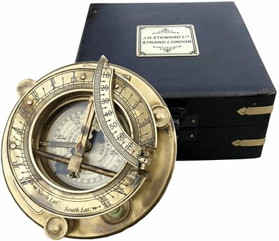 #ad Brass J.H Steward Brass Sundial Maritime Nautical Compass With Wooden Box $42.90