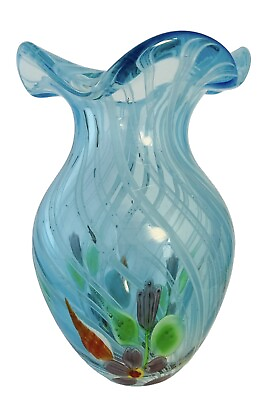 #ad Quality Heavy Art Glass Vase Blue Swirl Pattern w Millefiori Flowers 9.25” H $63.25