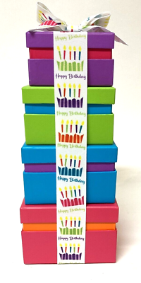 #ad Adorable Happy Birthday 4 Gift Box Tower amp; Bow Pink Teal Green Purple $14.97