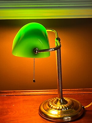 #ad Vintage 14” Bankers Desk Lamp Emerald Green Glass Shade Metal Base w Pull Chain $46.00