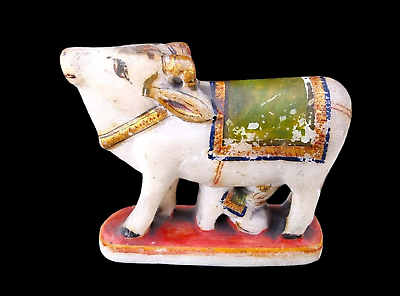 #ad Vintage Stone Hand Carved Gold Work Krishna Nandi Cow Feeding Calf Figure Statue $499.00