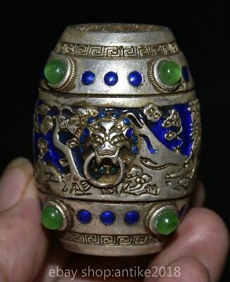 #ad 2.4quot; Rare Ancient Chinese silver inlay emerald dragon beast handle keg AU $180.00