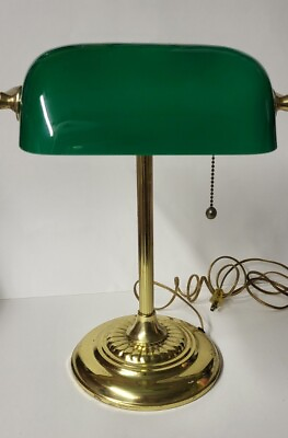#ad Vtg Style Brass Bankers Lamp Green Shade W Bulb amp; Pull chain Approx 10.5quot; Tall $44.99