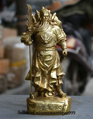 #ad 10quot; China Antique Bronze Temple Dragon Warrior God Guan Gong Yu Sword God Statue $167.16