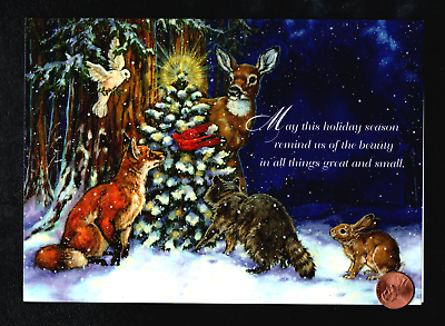 #ad Christmas Fox Raccoon Deer Rabbit Dove Cardinal Tree Greeting Card W TRACKING $4.95