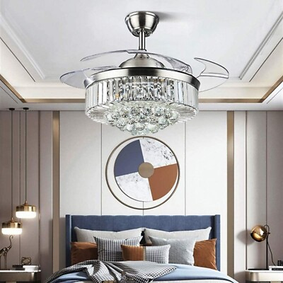 #ad 42#x27;#x27; Modern Chandelier Crystal Ceiling Fan with LED Light Remote 3 Color Change $109.99
