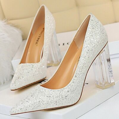 #ad Women 10cm Clear High Heels Spangle Decor Glitter Sequins Chunky Pumps Shoes $66.99