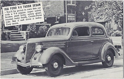 #ad 1936 FORD V 8 TUDOR SEDAN Original Vintage DEALERS SUPPLY Style Postcard UNUSED $7.99