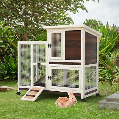 #ad 40quot; Wooden Rabbit Hutch 2 Tier Bunny Cage Small Animal Pet House w Wheel Outdoor $144.99