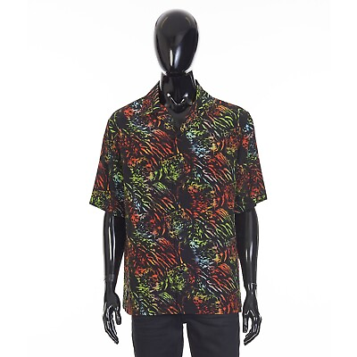 #ad CELINE 1450$ Black Hawaiian Shirt Neon Tiger Print Crepe De Chine Silk Loose $960.00