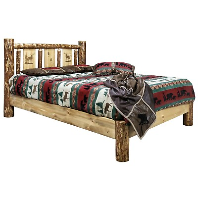 #ad LOG Platform Bed KING Rustic Western Etched Carvings Art Bear Wolf Deer Elk $1499.00
