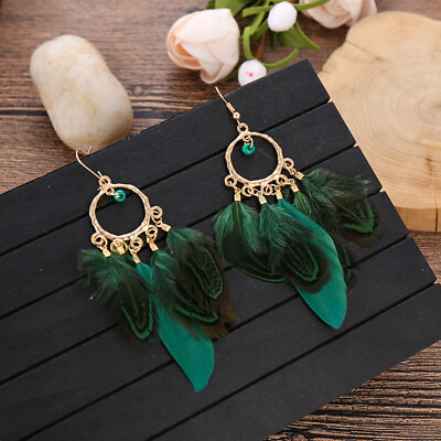#ad Fashion Green Brown Drop Earrings Ethnic Retro Feather Tassel Jewelry for Women C $2.70