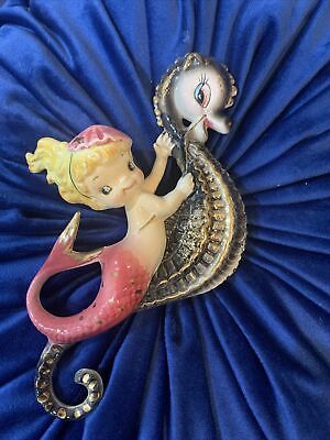 #ad Vintage Lefton Ceramic Wall Plaque Mermaid Seahorse Retro Hanging Decor Japan $399.99