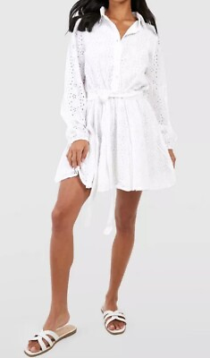 #ad Boohoo Womens SZ US 12 Broderie Belted White Skater Shirt Dress NWT $18.99