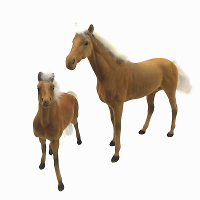 #ad Vtg Stallion Foal Horses Set 2 Felt Tan Brown White Mane 9quot;T amp; 13#x27;#x27;T Play Toys $17.97