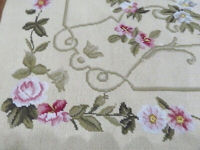 #ad Stunning Vintage FRENCH COUNTRY YELLOW w Pink ROSES Scrolls Needlpoint Rug $199.99