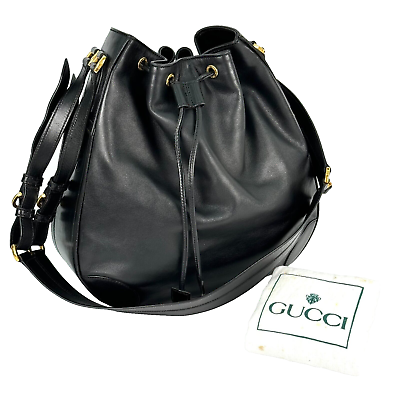 #ad Excellent Vintage Gucci Drawstring Crossbody Shoulder Bag Black Leather Purse GG $339.00
