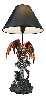 #ad Red Gold Armored Dragon On Celtic Knotwork High Cross With Crystal Table Lamp $129.99