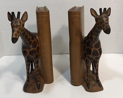 #ad Vintage Hand Carved Pair Wooden Giraffe Wood Book Ends African Tribal Library $53.97