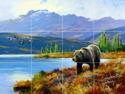 #ad grizzly bear wildlife tundra lake fishing nature ceramic tile mural backsplash $179.00