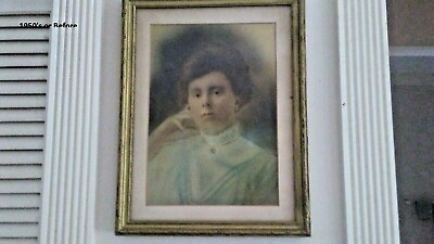 #ad hand painted lady photograph women 1950 framed glass mat morning picture vintage $61.28