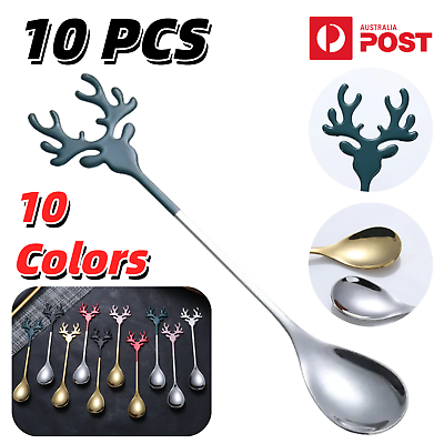 #ad 10PCS Christmas Spoon Stainless Steel Elk Coffee Dessert Tableware Xmas Decor AU AU $24.29