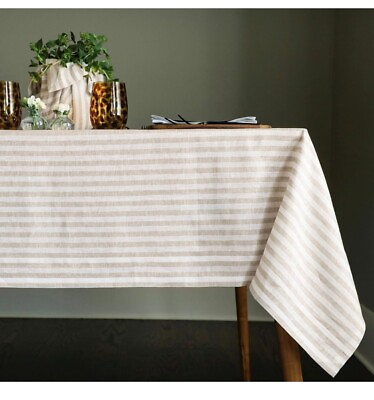 #ad Solino Home Linen Tablecloth 60 x 120 Inch – 100% Pure Linen Natural White Strip $62.99