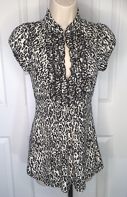 #ad Womens Baby Doll Tunic Top Size S Animal Print Ruffle Front Cap Sleeves Stretch $5.99