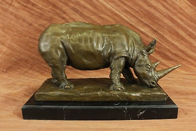 #ad Charging Black Rhino Safari Bronze Statue Heavy Marble Base Sculpture Art Sale $399.00